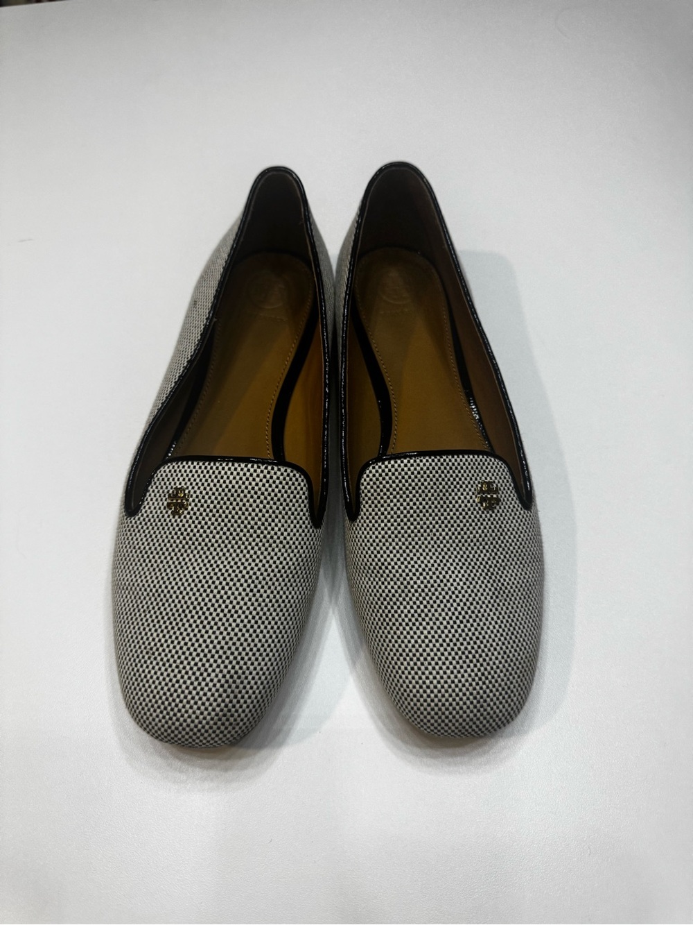Tory Burch Black & White Micro-Check Leather-Trim Loafers